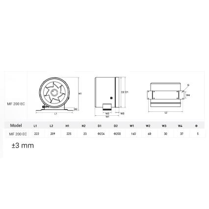 Dalap 24MF200 - Kanalni ventilator s energetski učinkovitim motorom i regulatorom brzine MF 200 EC 75W/230V