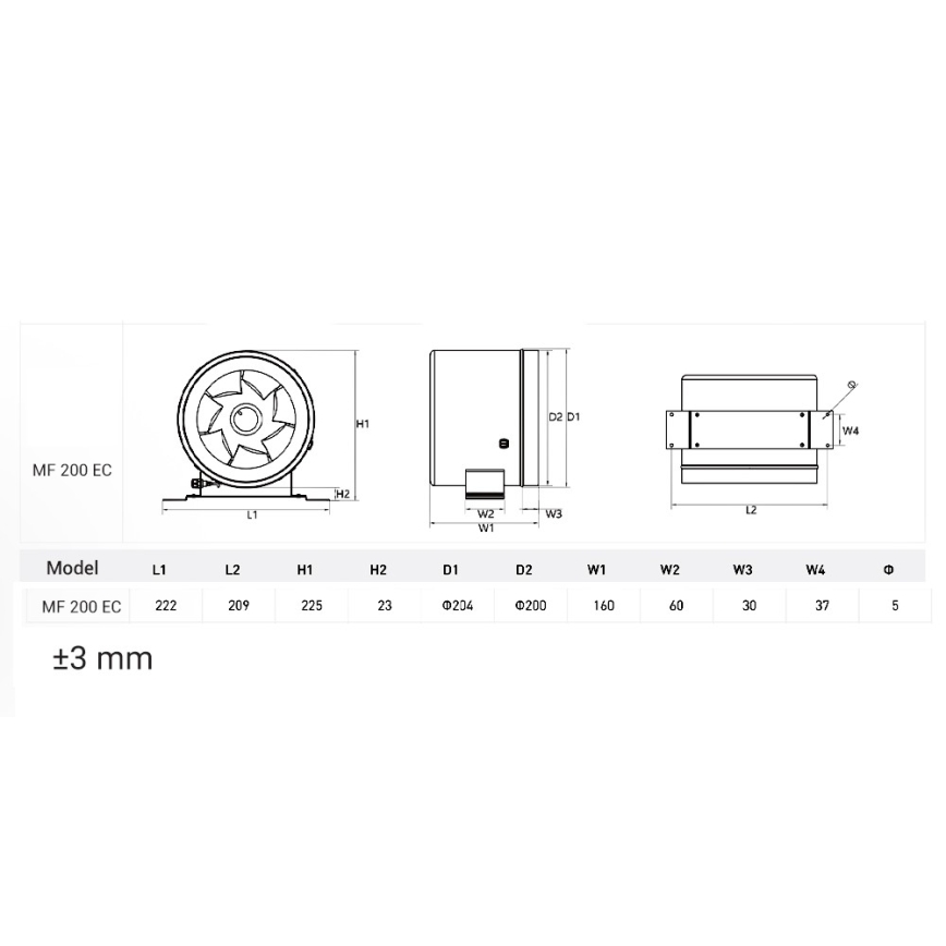 Dalap 24MF200 - Kanalni ventilator s energetski učinkovitim motorom i regulatorom brzine MF 200 EC 75W/230V