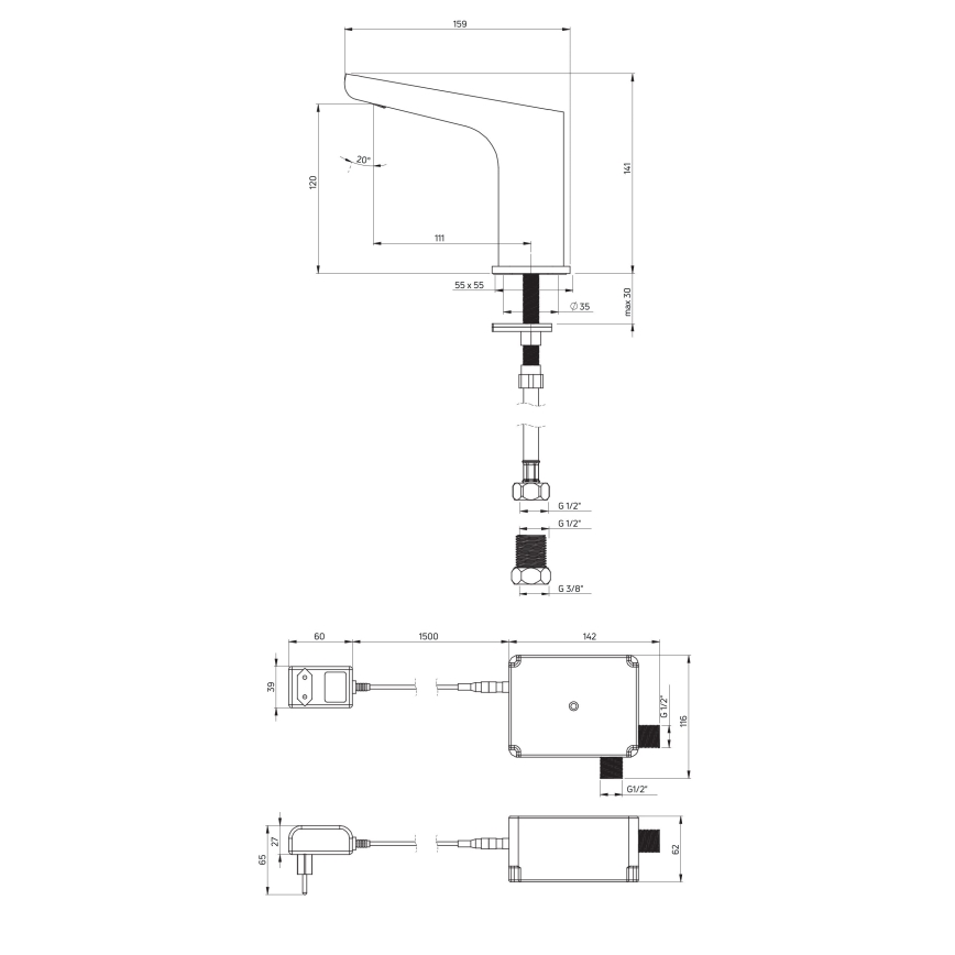 Deante BQH_N28V - Bezdoticna slavina za umivaonik HIACYNT 230/6V crna
