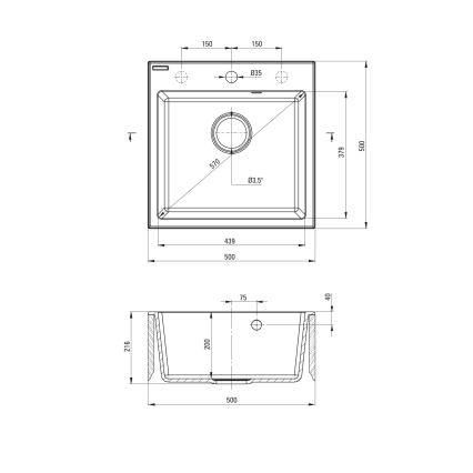 Deante ZQJNN103 - Kuhinjska sudopera EVORA 50x50 cm + slavina za sudoper s fleksibilnim vratom granit/crna