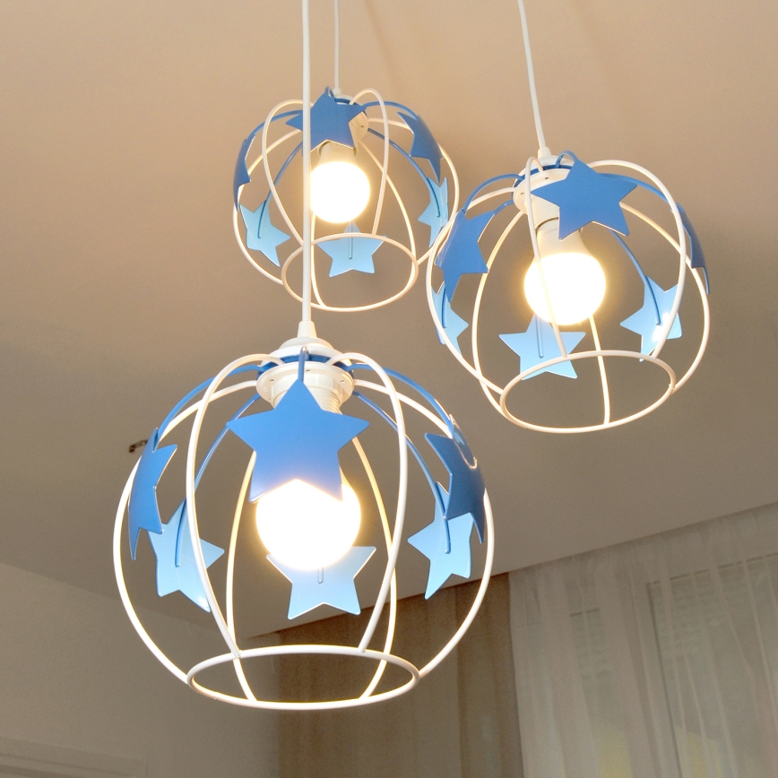 Dječji luster na sajli STARS 3xE27/15W/230V plava/bijela