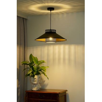 Duolla - Luster na sajli RIO RATTAN 1xE27/15W/230V pr. 45 cm crna/zlatna