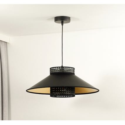Duolla - Luster na sajli RIO RATTAN 1xE27/15W/230V pr. 45 cm crna/zlatna