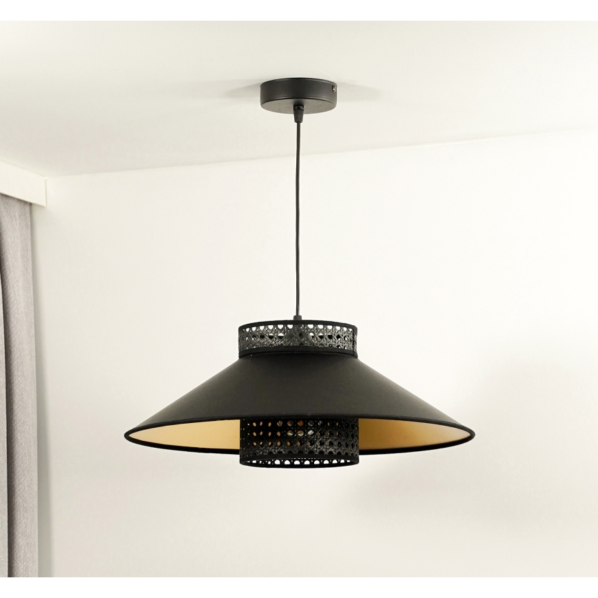 Duolla - Luster na sajli RIO RATTAN 1xE27/15W/230V pr. 45 cm crna/zlatna