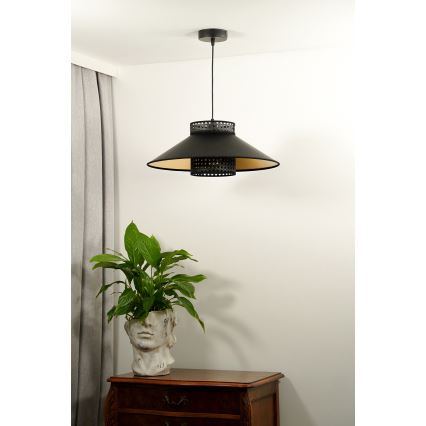 Duolla - Luster na sajli RIO RATTAN 1xE27/15W/230V pr. 45 cm crna/zlatna
