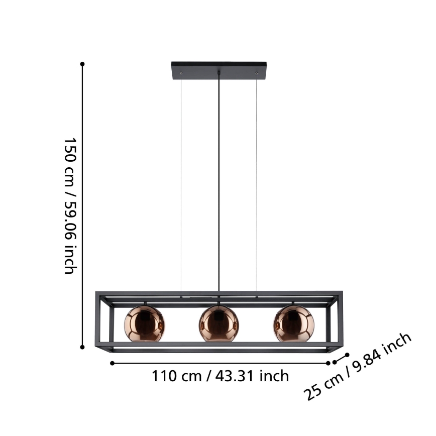 Eglo - Luster na sajli 3xE27/40W/230V bakrena/crna