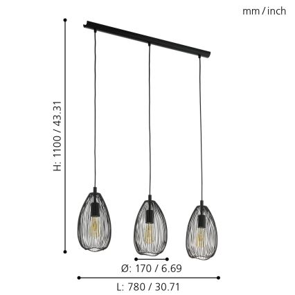 Eglo 49142 - Luster na sajli CLEVEDON 3xE27/60W/230V