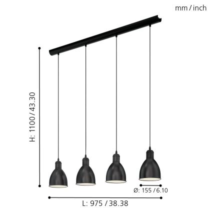 Eglo 55244 - Luster na sajli PRIDDY 4xE27/60W/230V crni