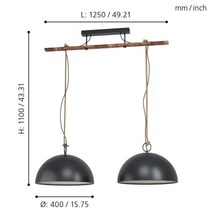 Eglo 78444 - Luster na sajli HODSOLL 2xE27/40W/230V crna/smeđa