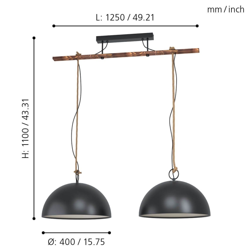 Eglo 78444 - Luster na sajli HODSOLL 2xE27/40W/230V crna/smeđa