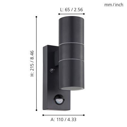 Eglo 79545- LED Vanjska zidna svjetiljka sa senzorom ARAPONGAS 2xGU10/2,8W/230V IP44 crna