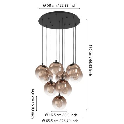 Eglo - Luster na sajli 10xE27/60W/230V crna/bež/zadimljeno