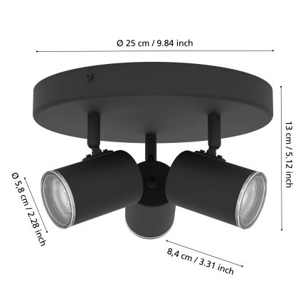 Eglo - Kupaonsko reflektorsko svjetlo 3xGU10/5W/230V, promjer 25 cm, IP44, crno