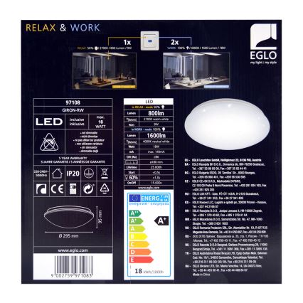 Eglo 97108 - LED Stropna svjetiljka GIRON-RW 1xLED/18W/230V 2700K-4000K