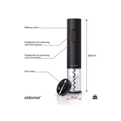 ELDONEX EWO-2100-BK - Električni otvarač za vinske boce 4xAA crna
