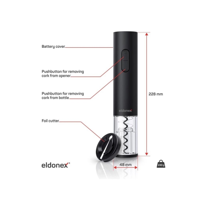 ELDONEX EWO-2100-BK - Električni otvarač za vinske boce 4xAA crna