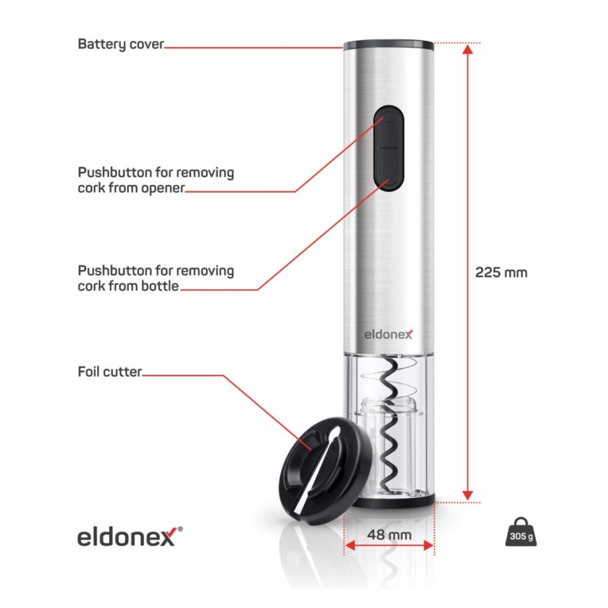 ELDONEX EWO-2200-SL - Električni otvarač za vinske boce 4xAA mat krom