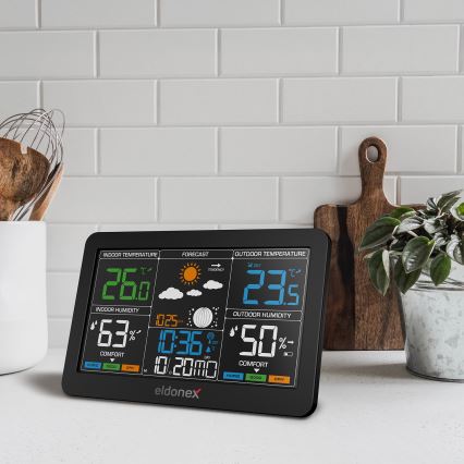 ELDONEX EWS-1010-BK - Meteorološka stanica s LCD zaslonom 2xAAA crna