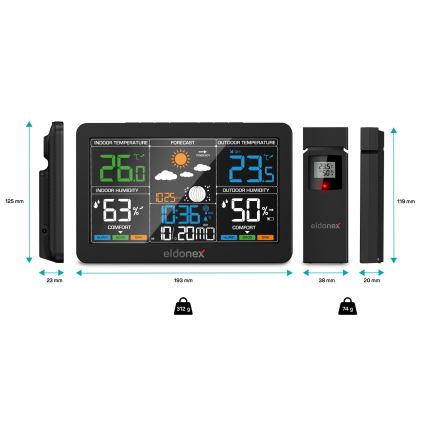 ELDONEX EWS-1010-BK - Meteorološka stanica s LCD zaslonom 2xAAA crna
