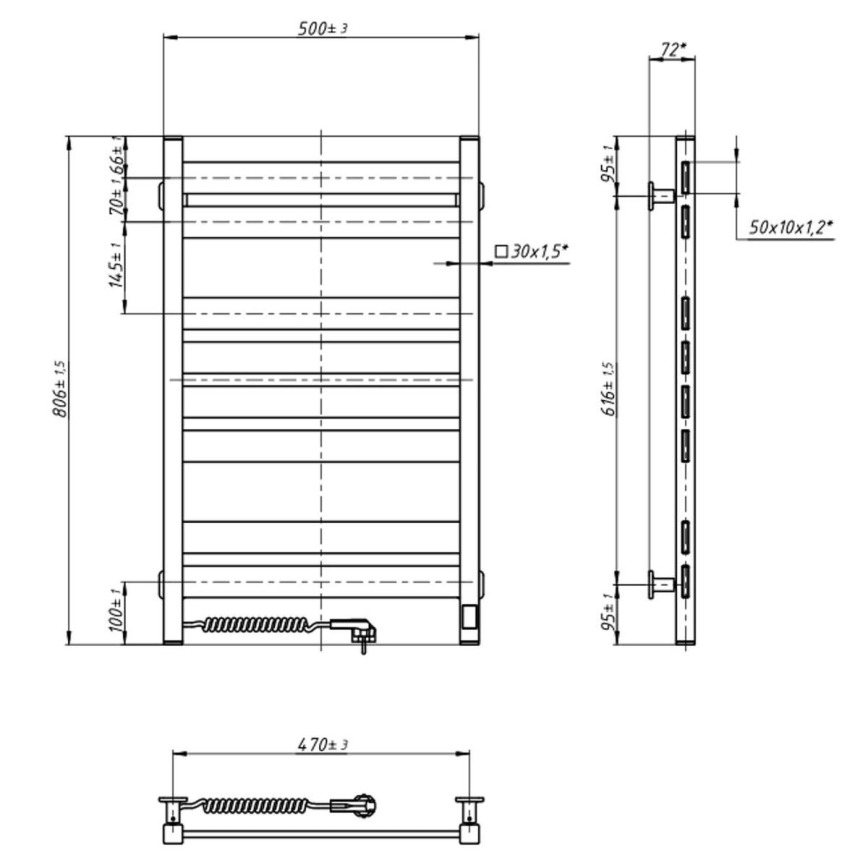 Električni sušač ručnika s termostatom LARGO 168 W 80x50 cm bijeli lijevi
