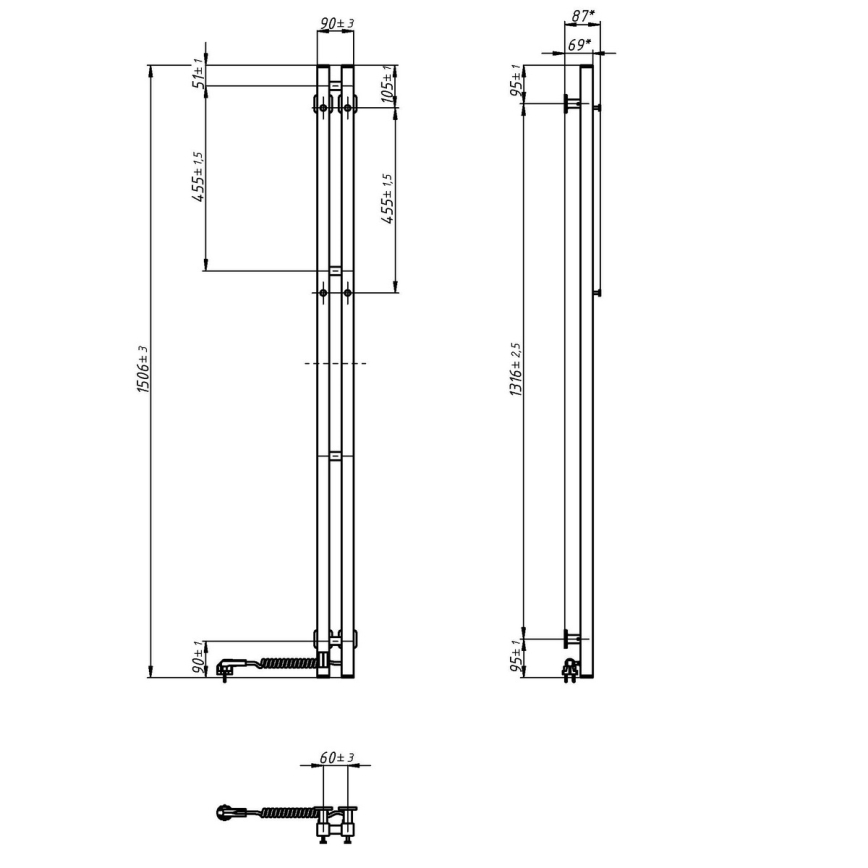 Električni sušilac za ručnike s termostatom SILOUETTE 200W/230V 150,6 cm IP44 bijeli desni