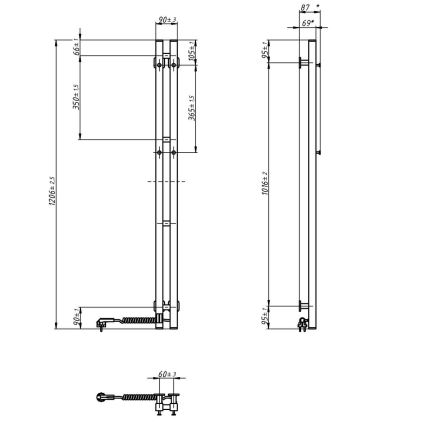 Električni sušač ručnika s termostatom SILOUETTE, 70W, 120x9 cm, bijeli, desni