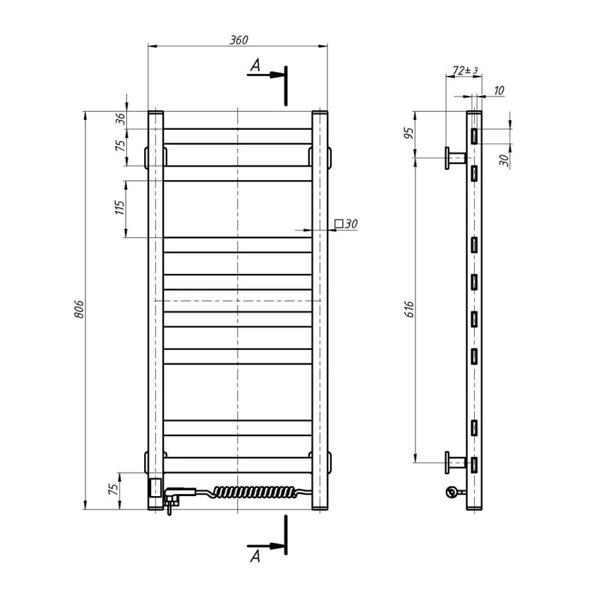 Električni sušač za ručnike s termostatom AVANGARD 105W 80x36 cm bijeli desni
