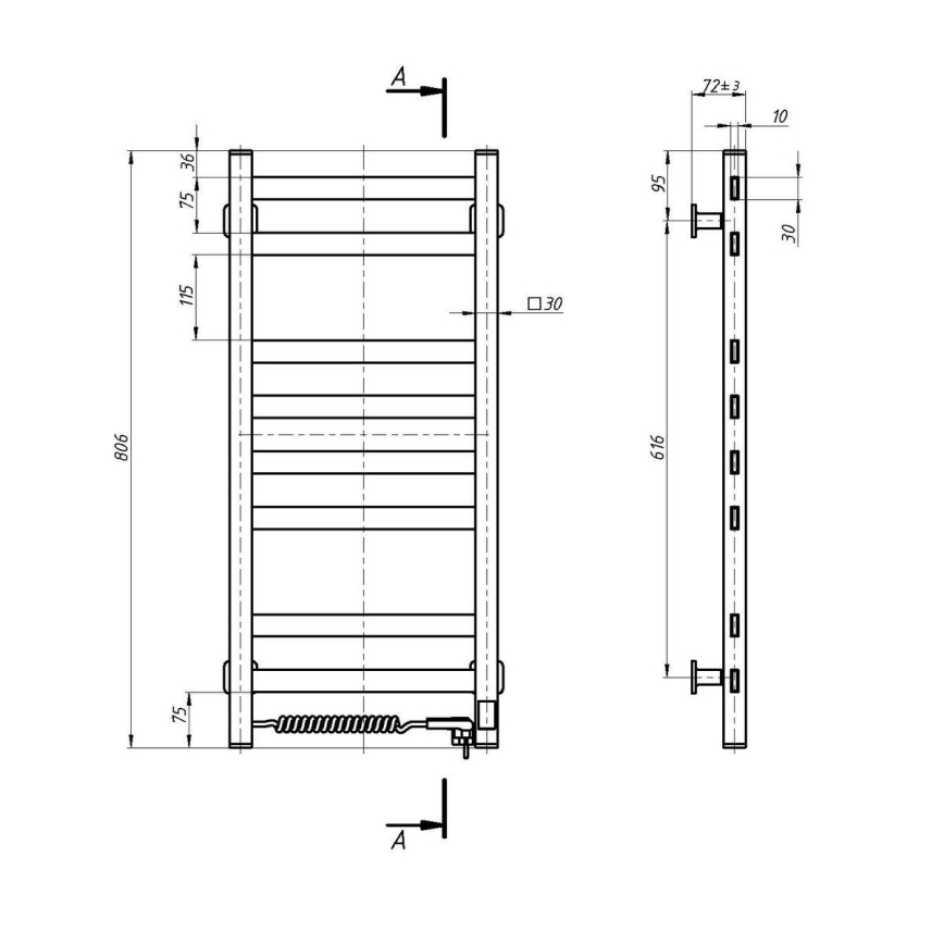 Električni sušač za ručnike s termostatom AVANGARD 105W 80x36 cm  bijeli lijevi