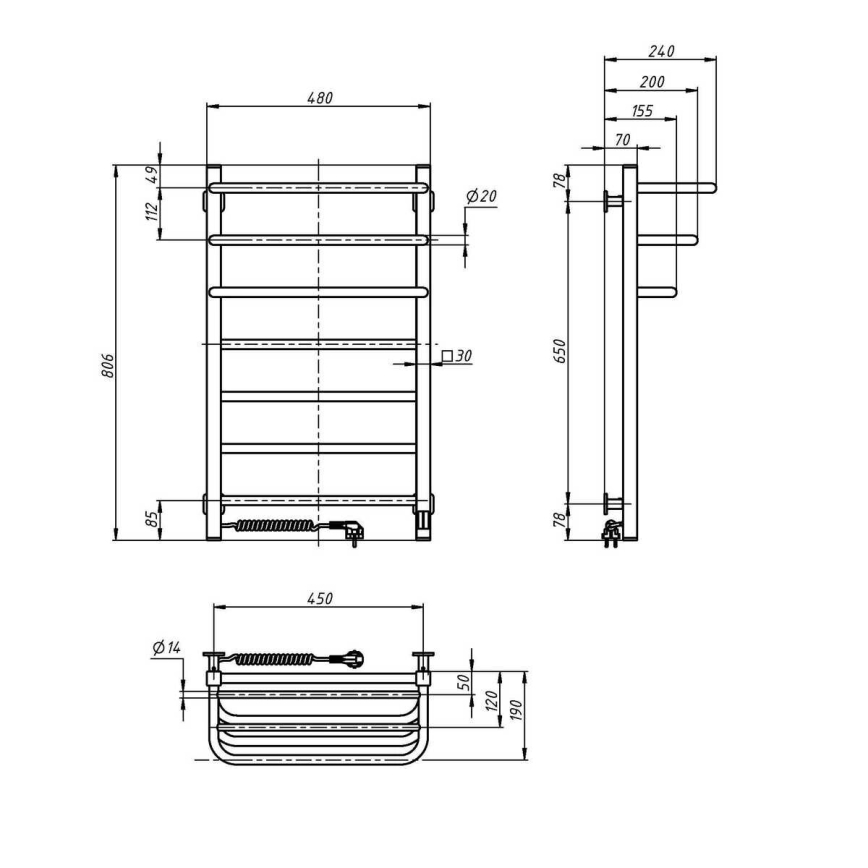 Električni sušilac za ručnike s termostatom FORTIS 155W 80x48 cm bijeli lijevi