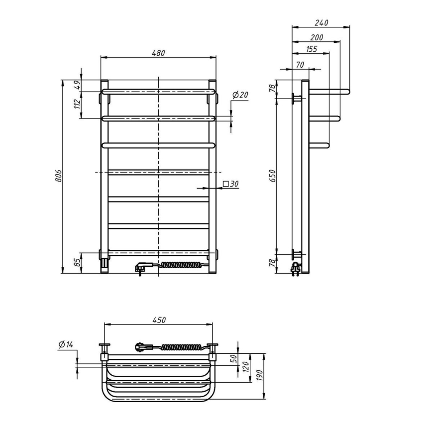 Električni sušilo za ručnike s termostatom FORTIS 155W 80x48 cm  crna desna
