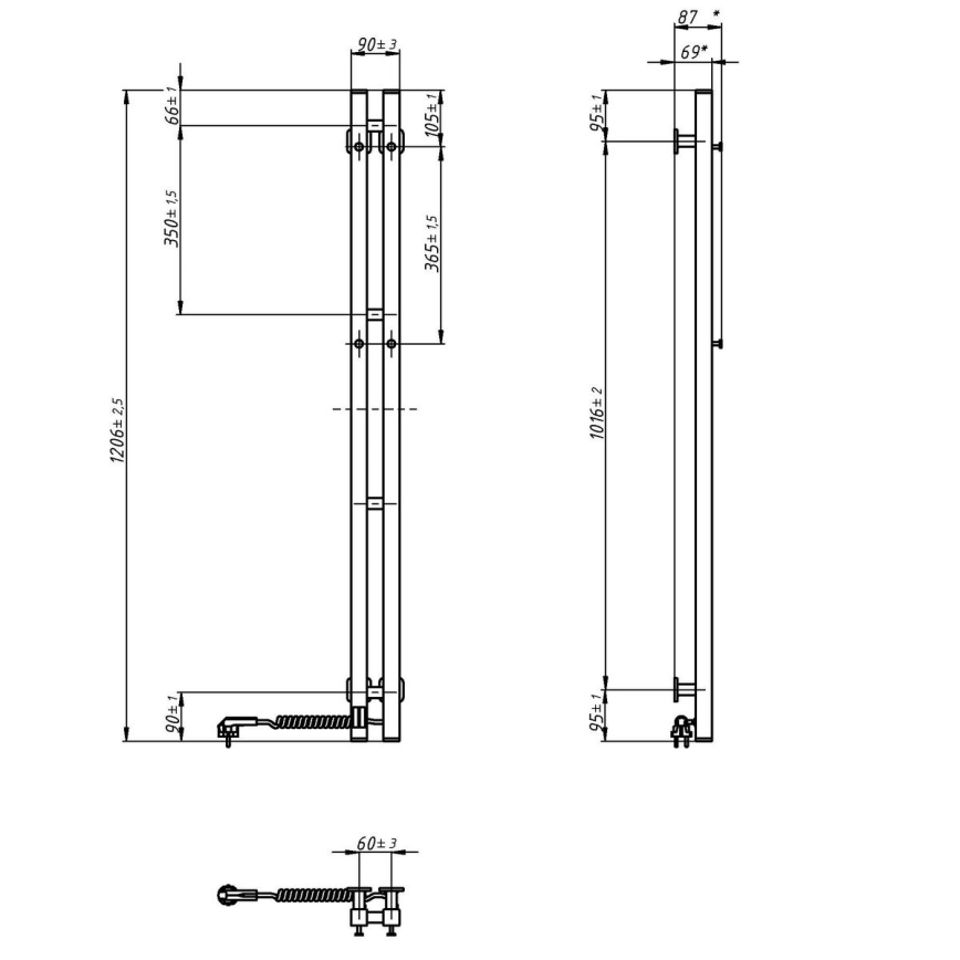 Električno sušilo za ručnike s termostatom SILOUETTE 187W/230V 120,6 cm IP44 crna desna uglast