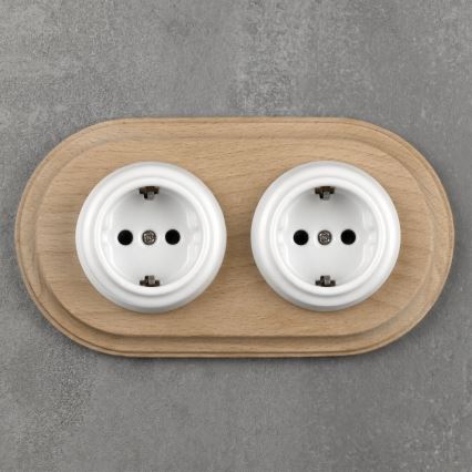 Elhard - Dvostruka keramička retro kućna utičnica s okvirom SCHUKO 230V bijela/svijetlo drvo