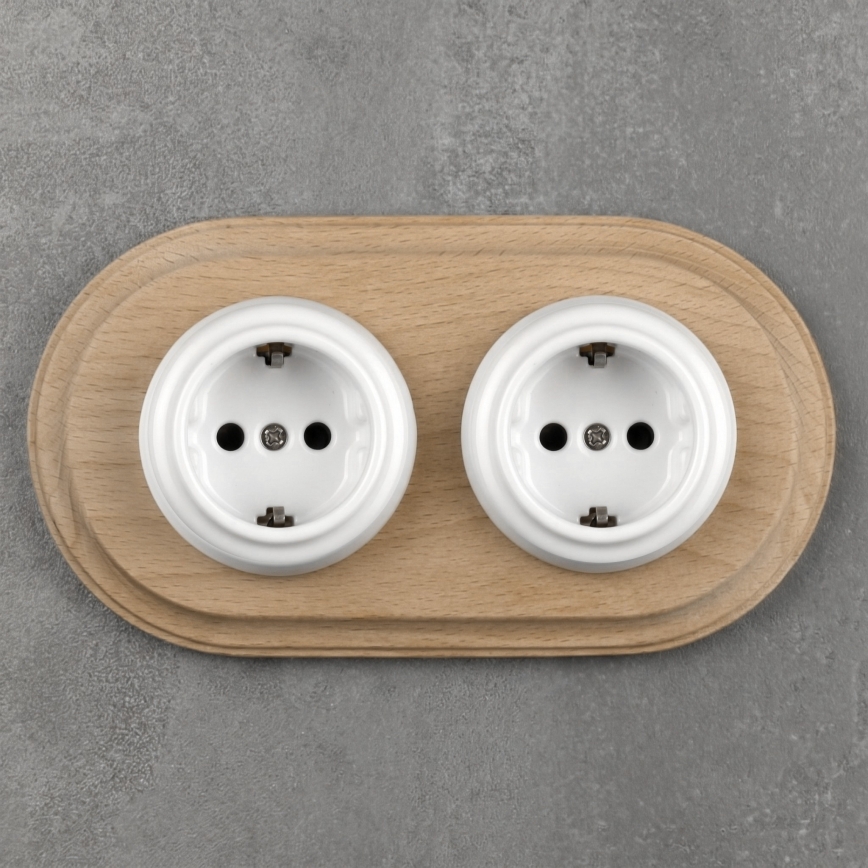 Elhard - Dvostruka keramička retro kućna utičnica s okvirom SCHUKO 230V bijela/svijetlo drvo