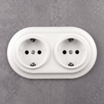 Elhard - Dvostruka keramička retro kućna utičnica s okvirom SCHUKO 230V bijela