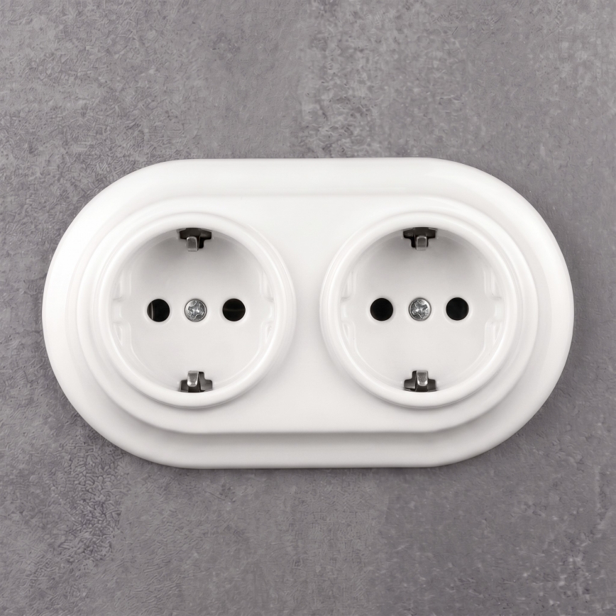 Elhard - Dvostruka keramička retro kućna utičnica s okvirom SCHUKO 230V bijela