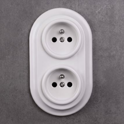 Elhard - Dvostruka keramička retro kućna utičnica s okvirom SCHUKO 230V bijela
