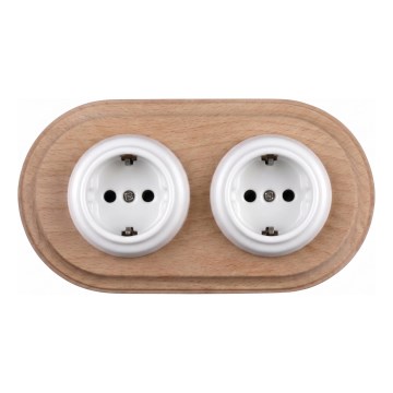 Elhard - Dvostruka keramička retro kućna utičnica s okvirom SCHUKO 230V bijela/svijetlo drvo