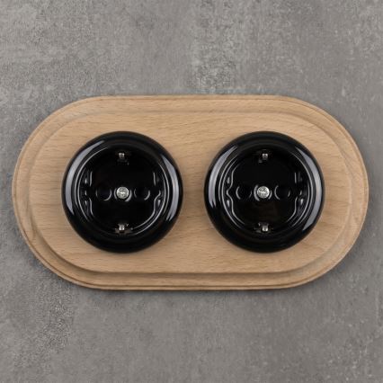 Elhard - Dvostruka keramička retro kućna utičnica s okvirom SCHUKO 230V crna/svijetlo drvo