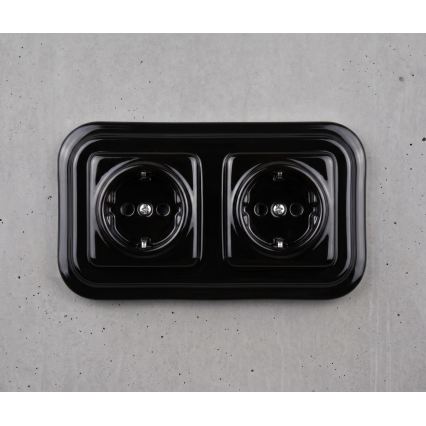 Elhard - Dvostruka keramička retro kućna utičnica s okvirom SCHUKO 230V crna