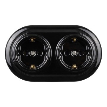 Elhard - Dvostruka keramička retro zidna utičnica s okvirom SCHUKO 230V crna