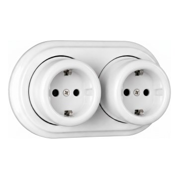 Elhard - Dvostruka zidna keramička retro utičnica s okvirom SCHUKO 230V bijela