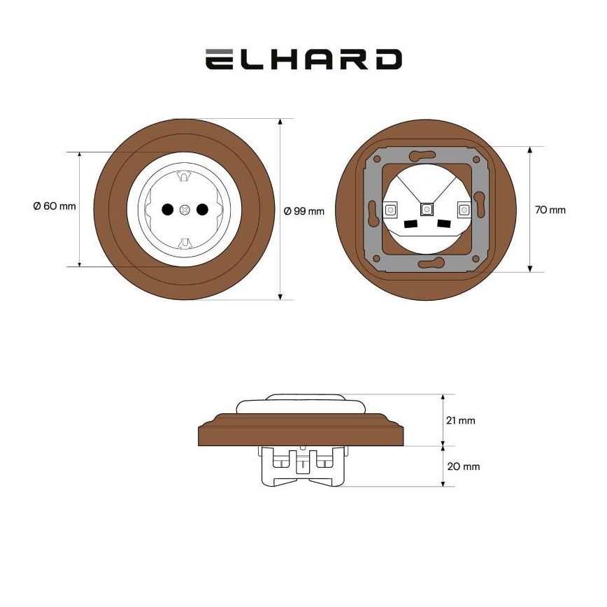 Elhard - Keramička retro kućna utičnica s okvirom SCHUKO 230V bijela/tamno drvo