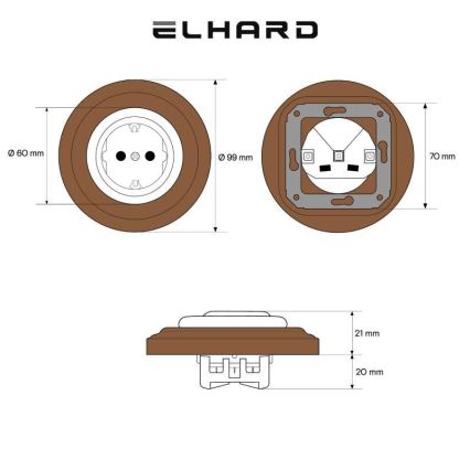 Elhard - Keramička retro kućna utičnica s okvirom SCHUKO 230V crna/tamno drvo
