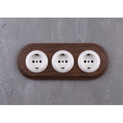 Elhard - Trostruka keramička retro kućna utičnica s okvirom SCHUKO 230V bijela/tamno drvo
