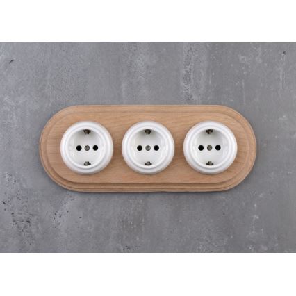 Elhard - Trojna keramička retro utičnica za kućanstvo s okvirom SCHUKO 230V bijela/svijetlo drvo