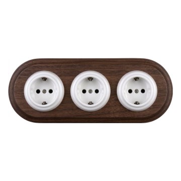 Elhard - Trostruka keramička retro kućna utičnica s okvirom SCHUKO 230V bijela/tamno drvo
