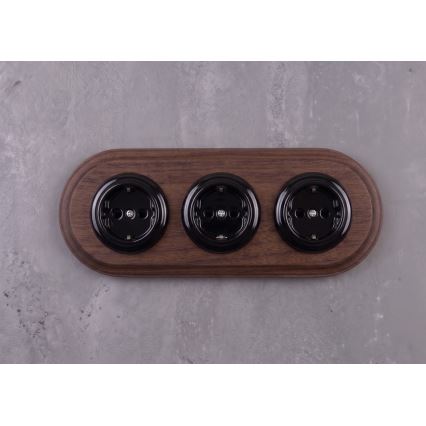 Elhard - Trojna keramička retro utičnica za kućanstvo s okvirom SCHUKO 230V crna/tamno drvo