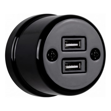 Elhard - Zidna keramička retro utičnica 2xUSB-A crna