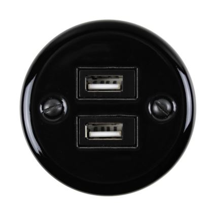 Elhard - Zidna keramička retro utičnica 2xUSB-A crna