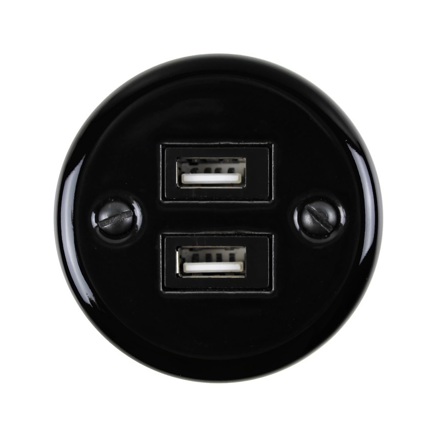 Elhard - Zidna keramička retro utičnica 2xUSB-A crna